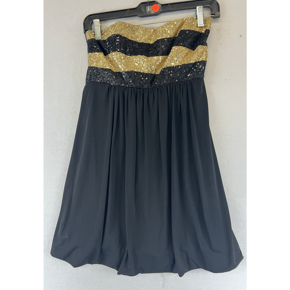 Jessica McClintock‎ Gunne Sax 3 Y2K Black Gold Sequin Strapless Mini Dress Retro